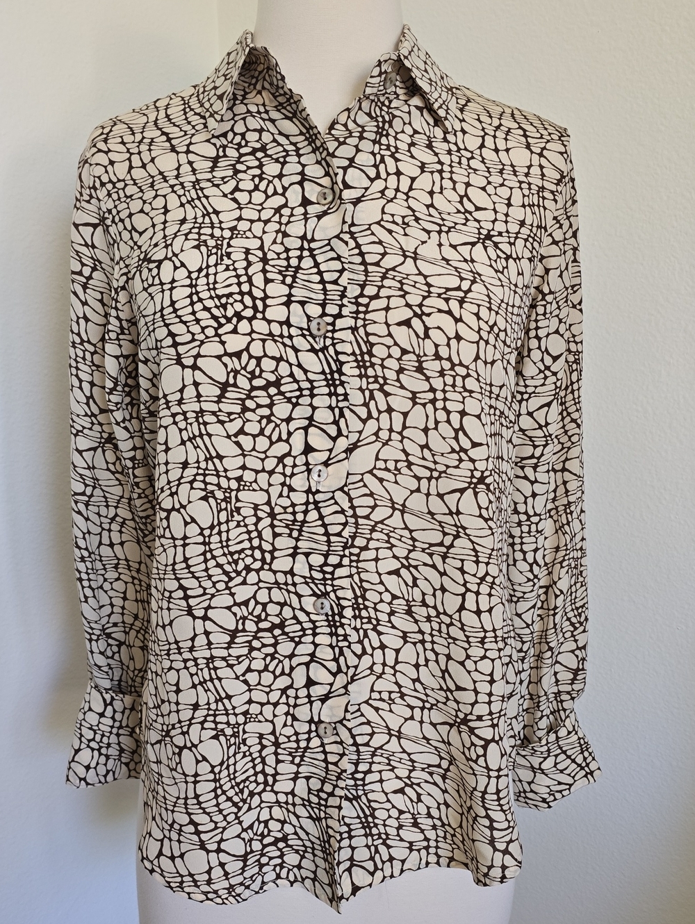 Max Studio Silk Cream and Brown Abstract Print Button-Down Shirt